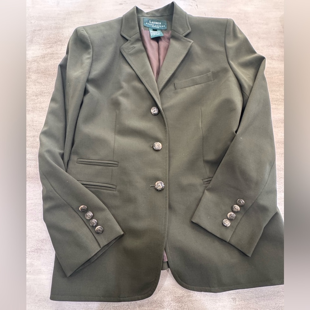 Lauren Ralph Lauren Blazer Olive Green Equestrian Jacket Wool Size 8 Petite